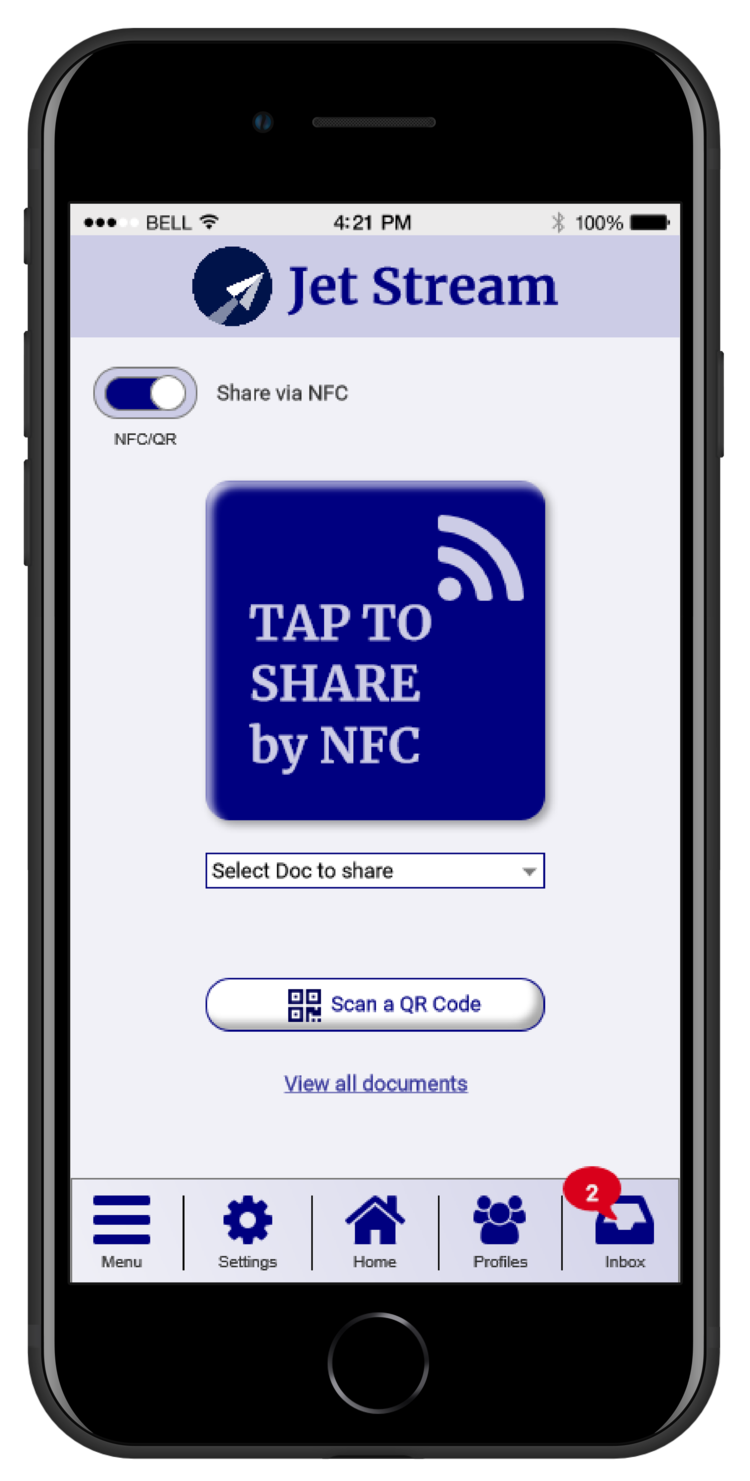Jet Stream screen: tap to share by NFC